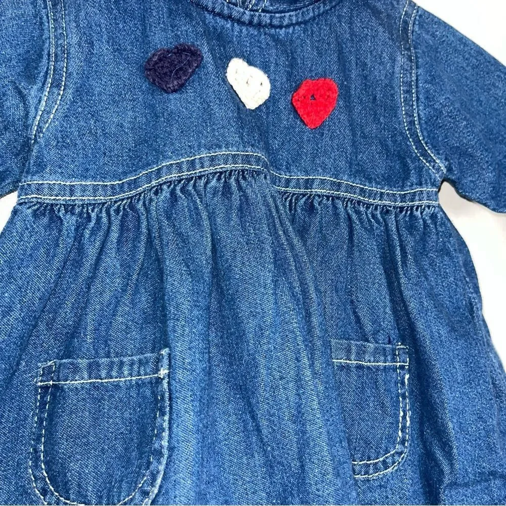 Vintage Mayfair Baby Girls Size 12 mo. Denim Dress Crochet Hearts Preppy Cowgirl